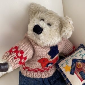 Boyd’s Bears collector’s choice with handknit sweater and denim skirt & pillow.